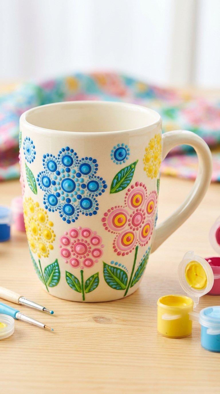 Ceramic mug with vibrant dot art flower patterns in bright colors on light wooden table with painting tools