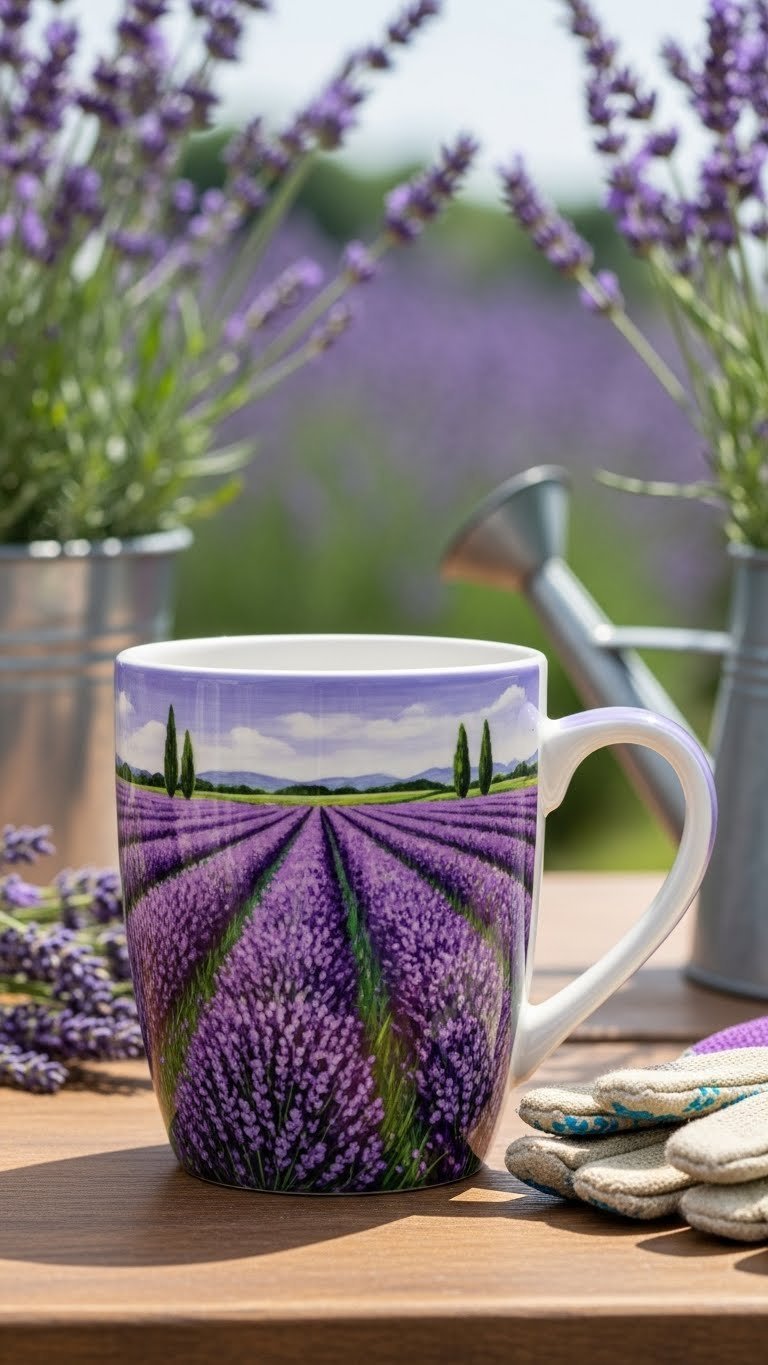 Ceramic mug with vibrant full bloom lavender field design on rustic wooden table in garden setting