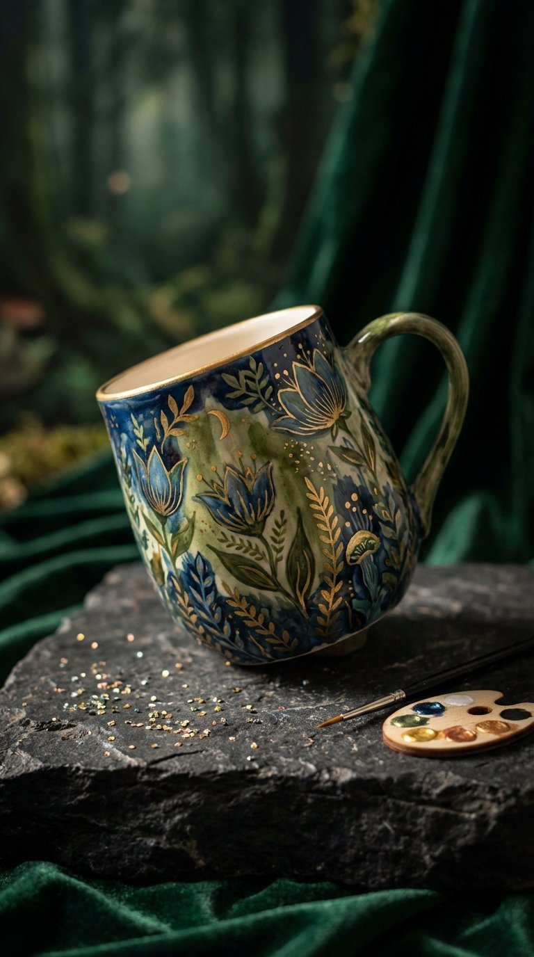 Ceramic mug with whimsical forest blooms in deep blues and metallic gold on dark stone surface