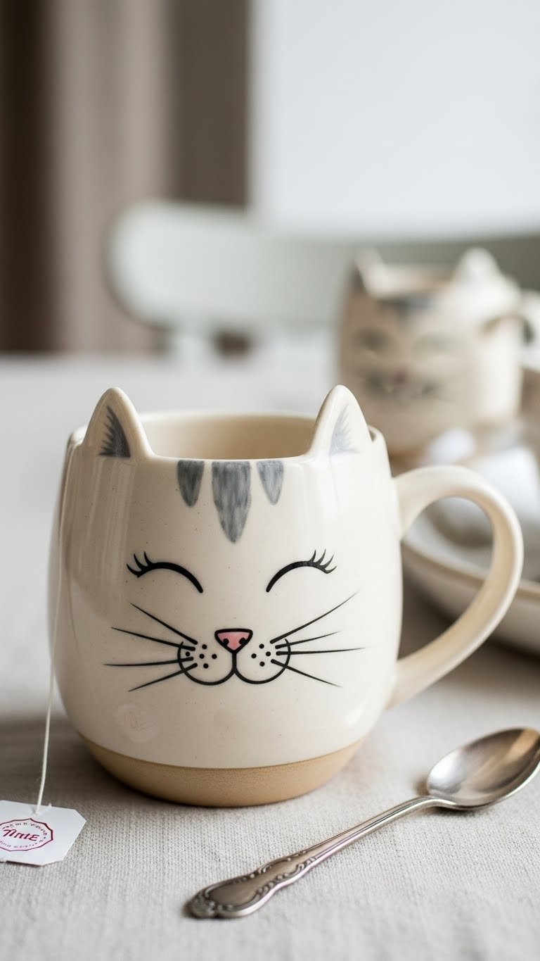 Ceramic tea mug with detailed cat whiskers design painted with fine-tip ceramic pens on warm cream surface