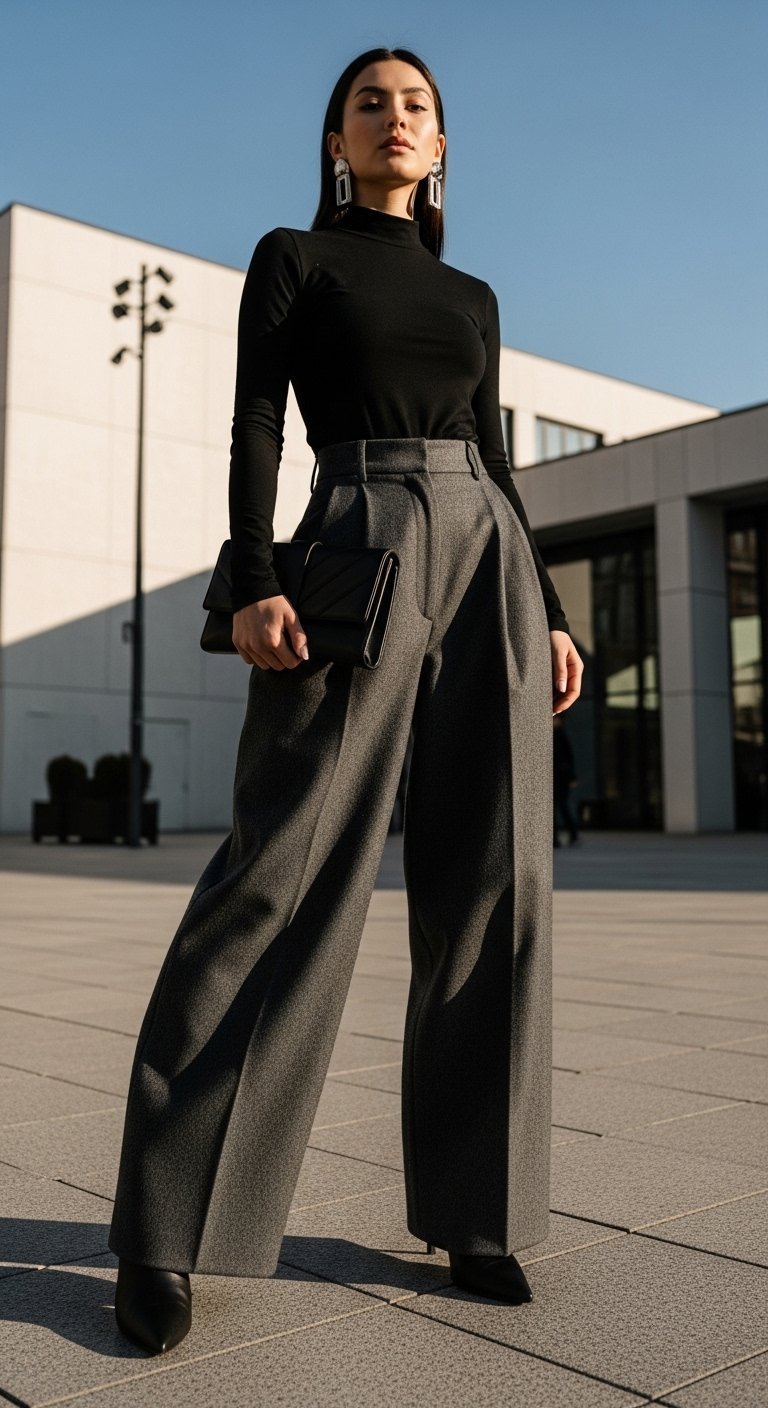 Charcoal gray wool wide-leg pants with black mock-neck top standing on modern city plaza