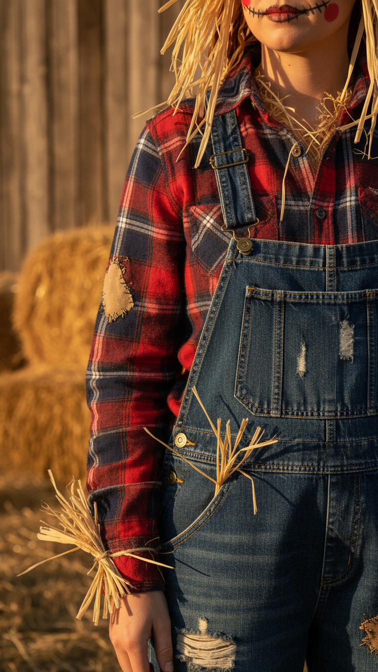 Charming DIY scarecrow outfit with plaid flannel shirt, denim overalls, and straw accents in golden hour light.