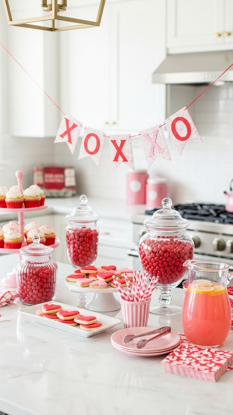 Charming Valentine's dessert bar with cupcakes and heart cookies on marble countertop setup