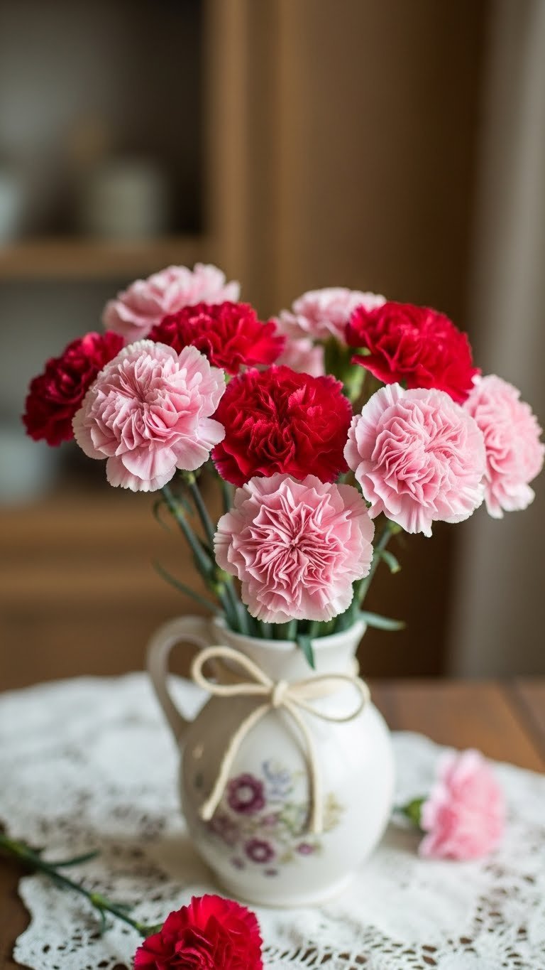 Charming pink and red carnations in vintage vase with soft window lighting