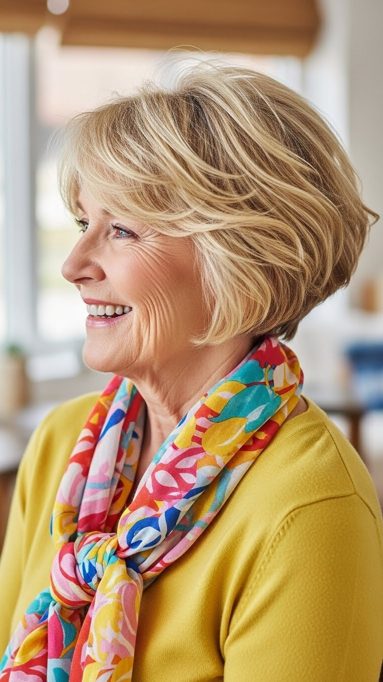 Cheerful woman over 60 with short wavy crop haircut showcasing natural texture and movement in bright casual setting