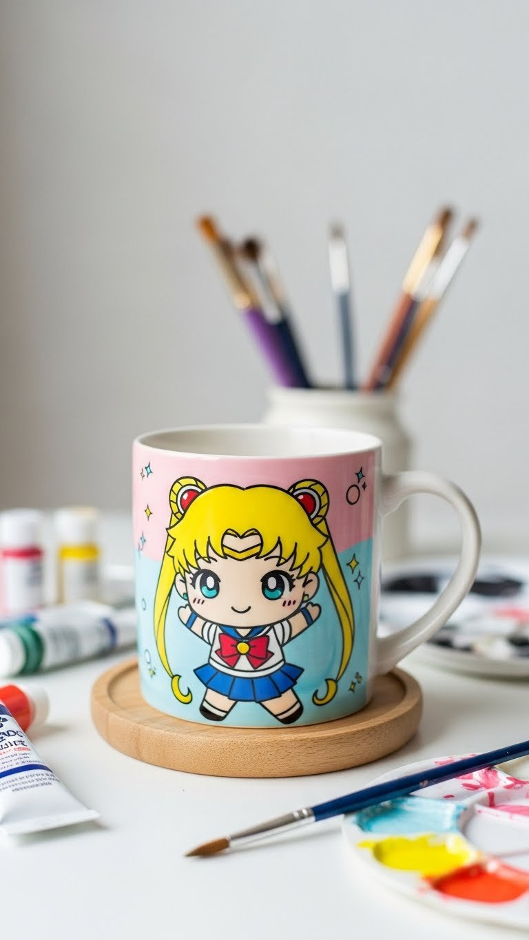 Chibi anime character painted ceramic mug with vibrant colors on light wood coaster surrounded by painting supplies.
