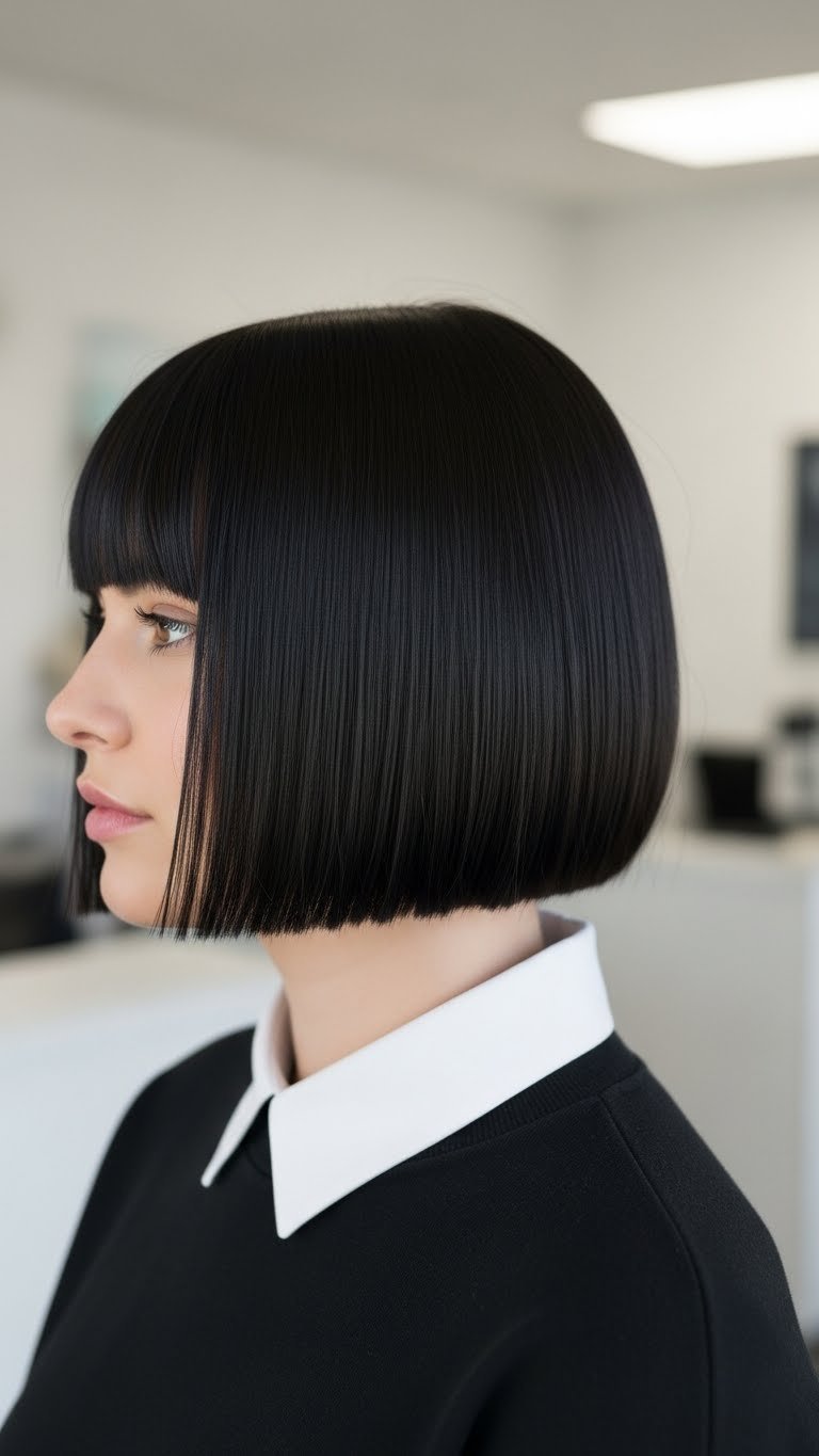 Chic blunt bob hairstyle with razor-sharp precision cut and polished finish on straight hair