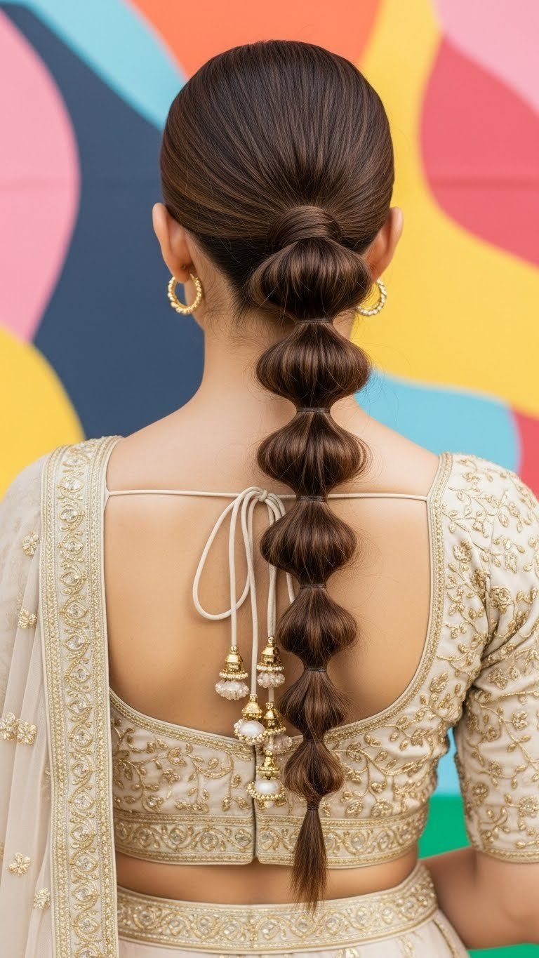 Chic bubble braid ponytail with voluminous segments for modern playful lehenga hair style