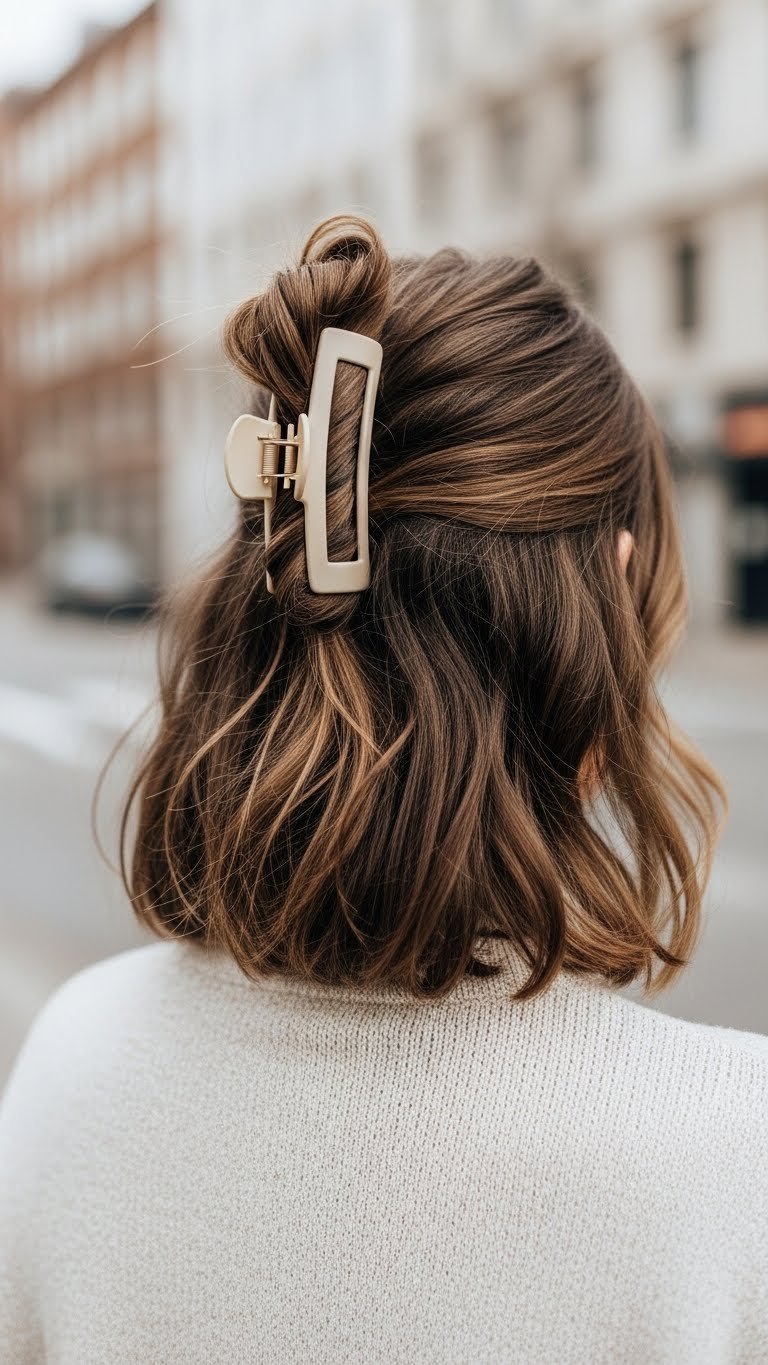 Chic claw clip updo hairstyle with shoulder-length textured hair against urban outdoor background with natural light
