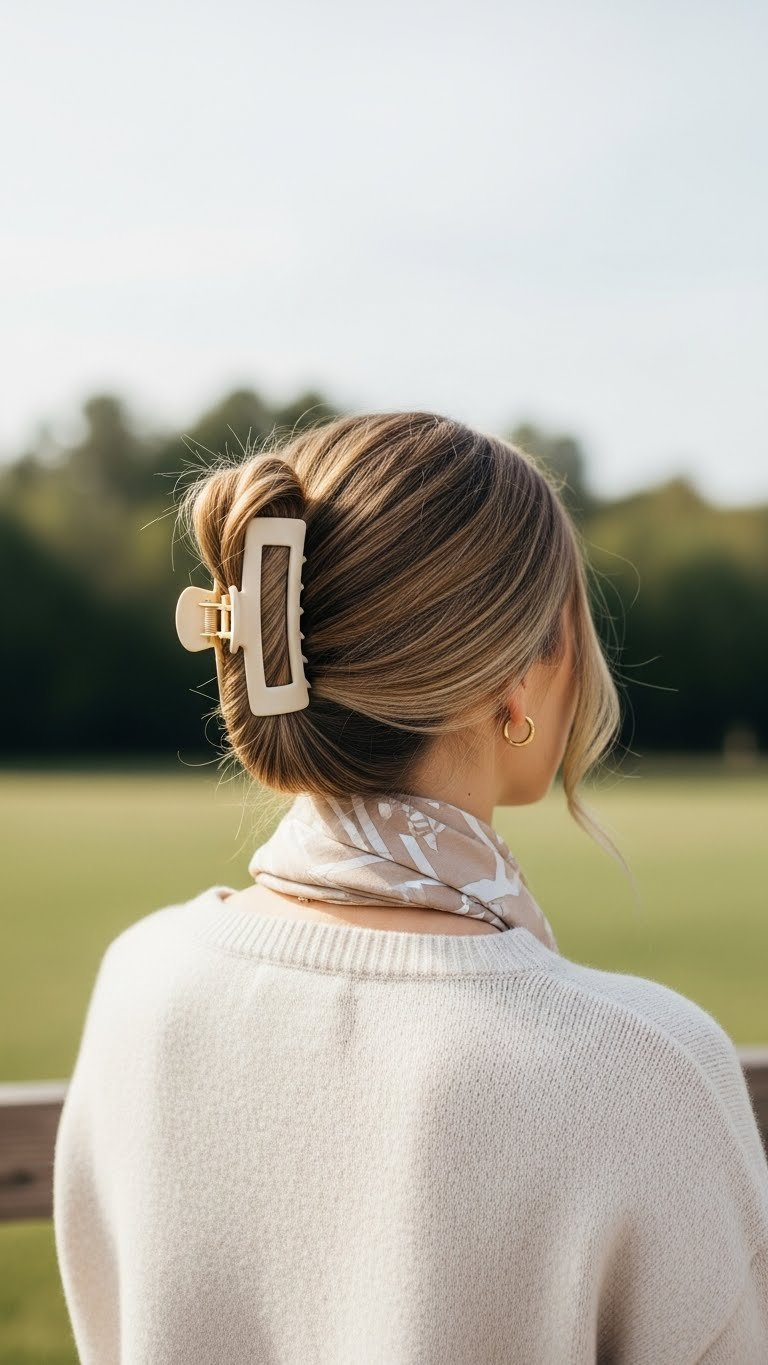 Chic half-up hairstyle with medium claw clip showcasing healthy hair texture against natural landscape background.