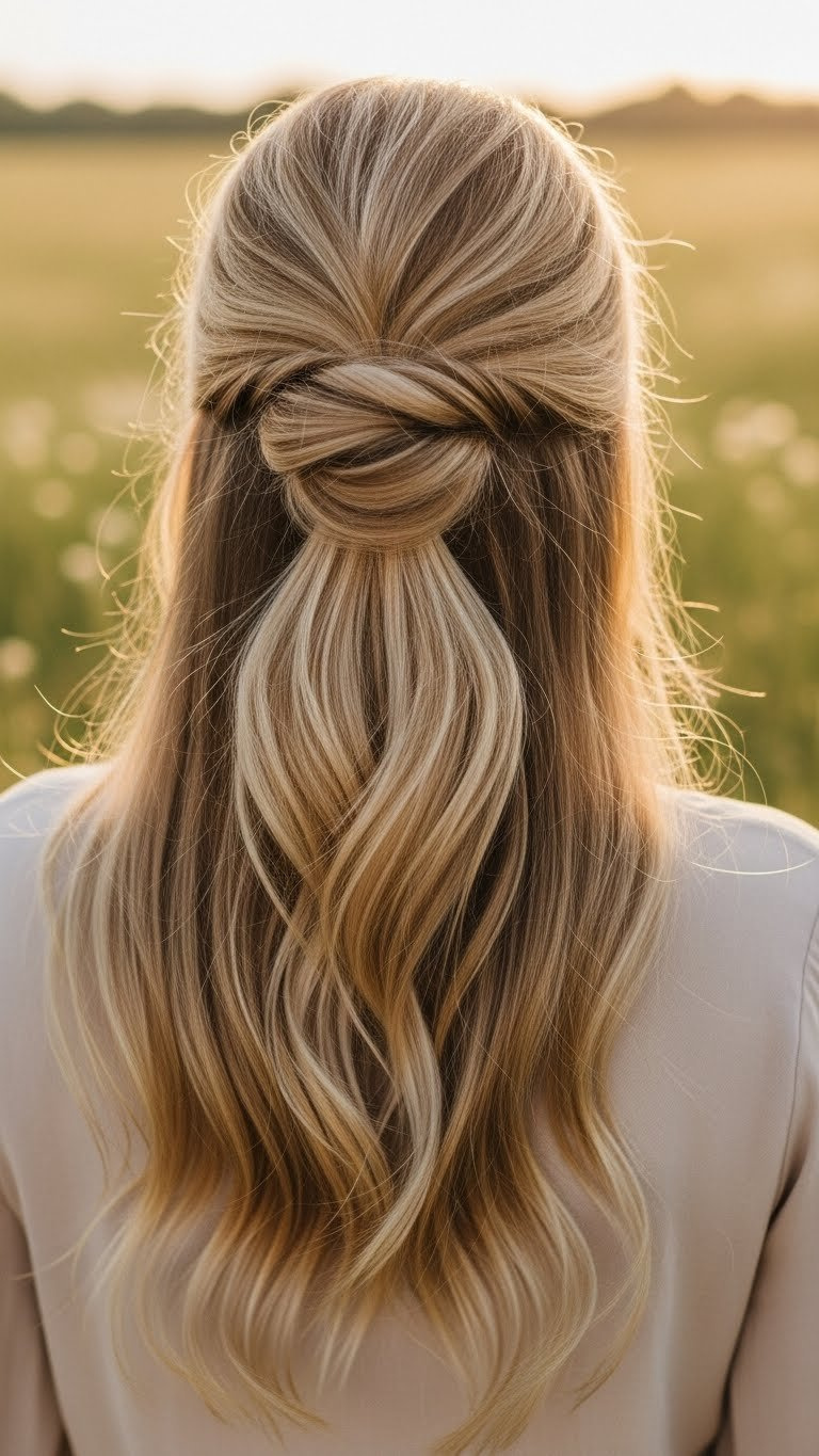 Chic half-up half-down hairstyle on voluminous thick hair with top section pulled back against natural landscape backdrop.