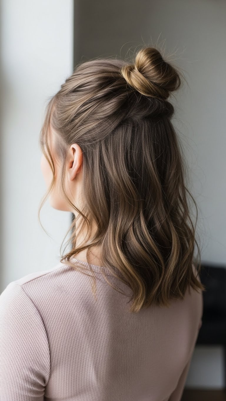 Chic half-up top knot on medium length wavy hair with volume at crown, elegant top, and minimalist room interior