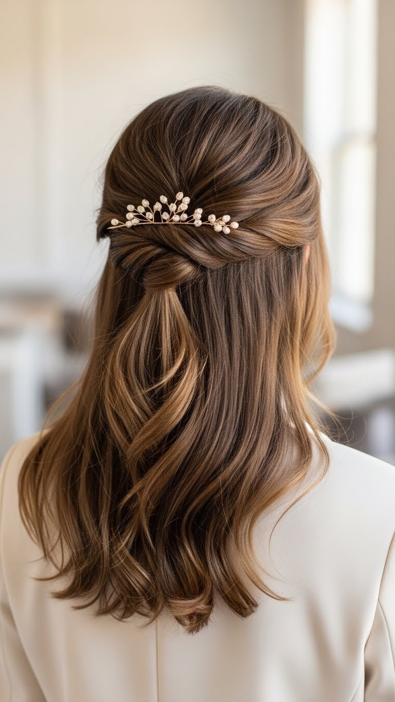 Chic half-up twist hairstyle with neatly twisted sections pulled back from face and flowing medium-length hair in elegant setting.