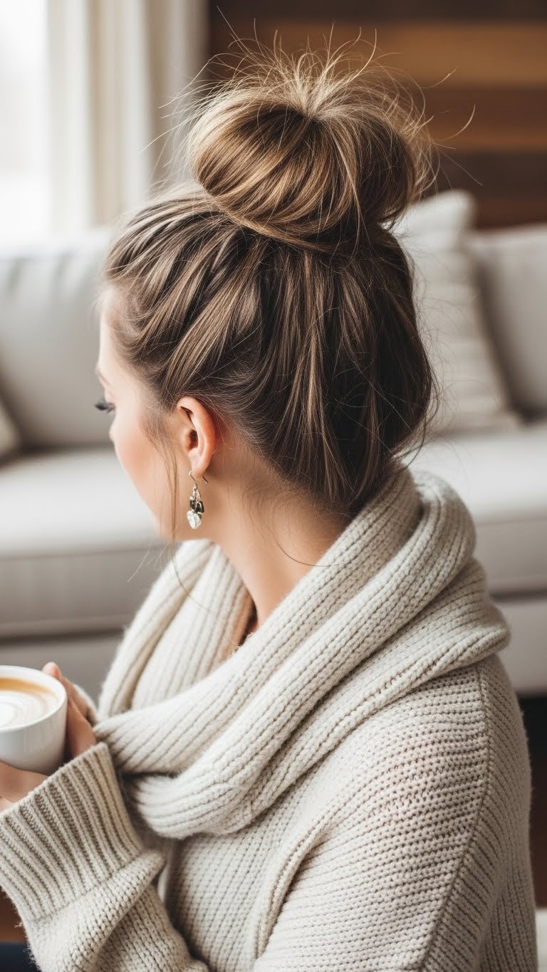 Chic messy bun hairstyle with intentional wisps framing face against cozy knit scarf for effortless winter look