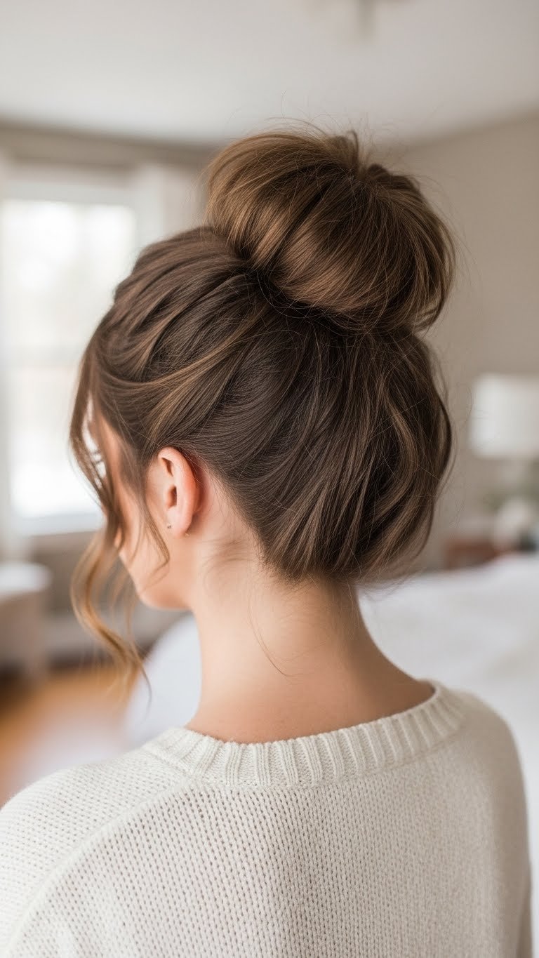 Chic messy bun hairstyle with wavy brown hair styled at a 45-degree angle with soft natural lighting and cozy home interior background