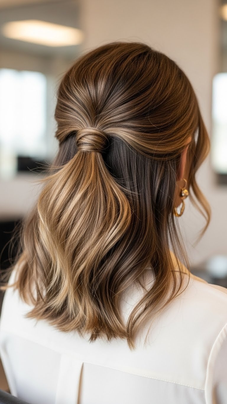 Chic messy low ponytail with soft waves in elegant office environment with sophisticated natural lighting