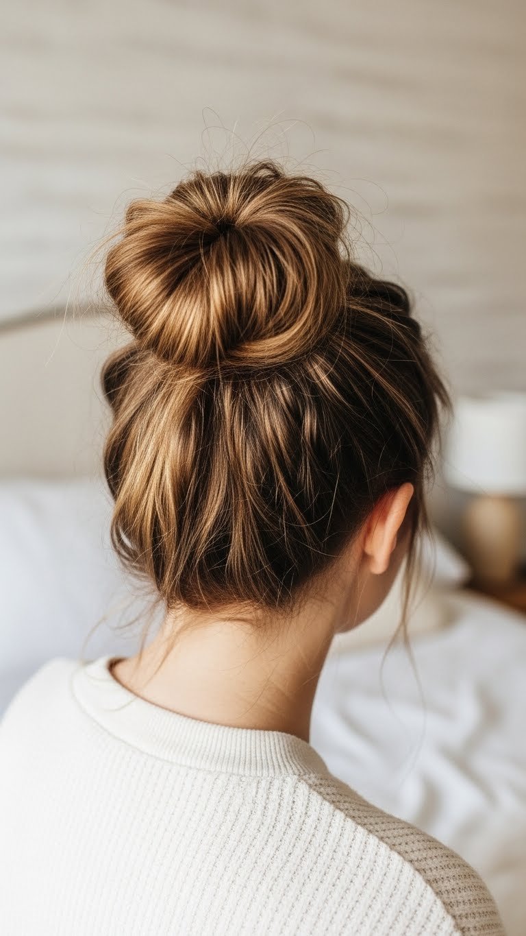Chic messy top knot bun with intentional loose strands for relaxed aesthetic