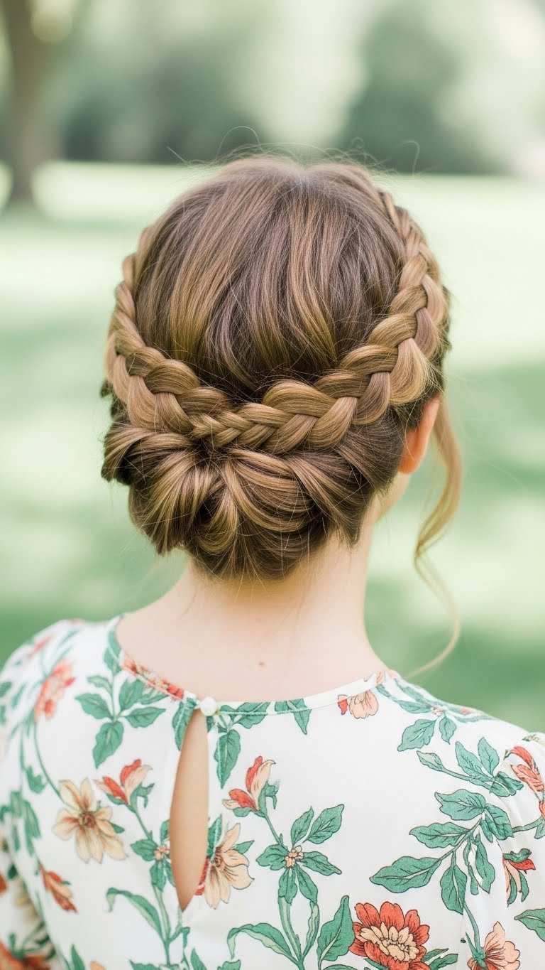 Chic milkmaid braid crown style on wavy hair with elegant structure wrapped over the head beautifully.