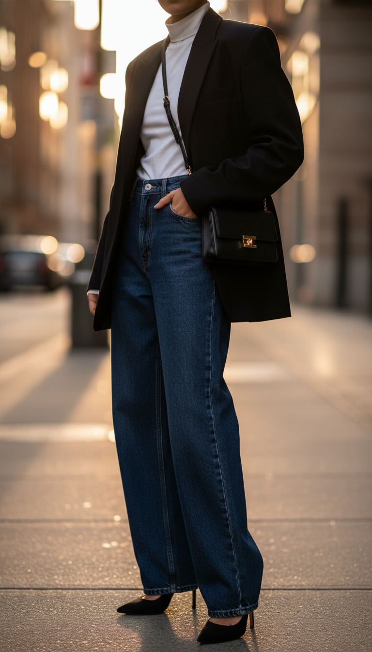 Chic outfit with dark wash baggy jeans and oversized black blazer on city sidewalk during golden hour