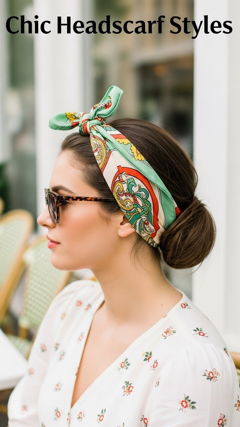 Chic retro headscarf styled with vibrant fabric and classic 1950s aesthetic in bright outdoor setting.