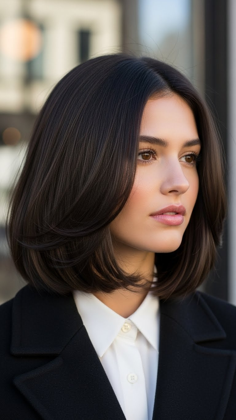 Chic shoulder-length lob haircut with subtle layers framing the face on thick straight hair in minimalist city setting.