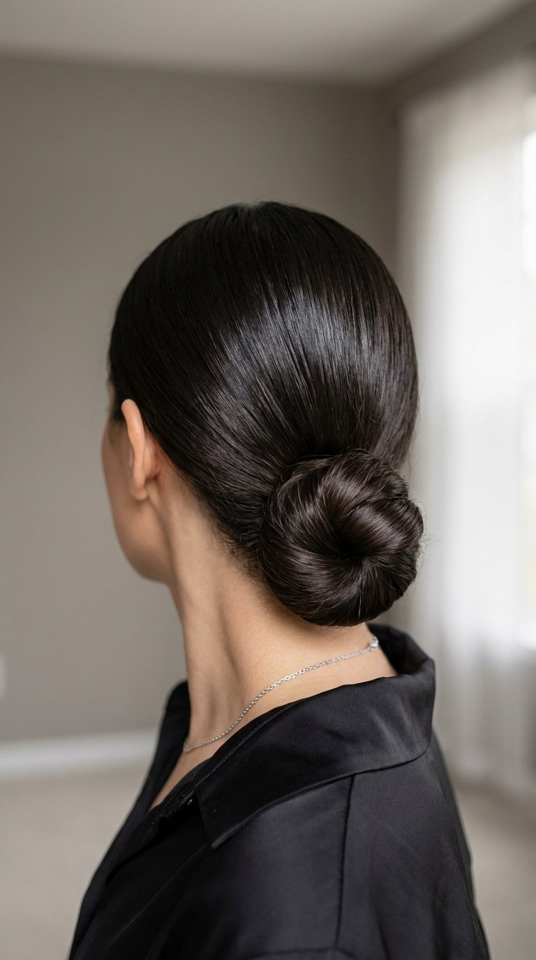 Chic sleek low bun hairstyle with polished sheen nestled at the nape of the neck against minimalist background