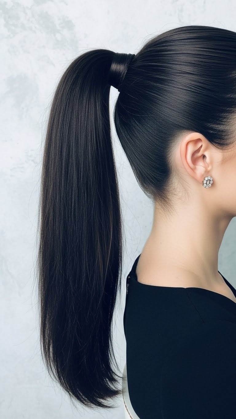 Chic sleek ponytail hairstyle with glossy dark hair against neutral textured wall background