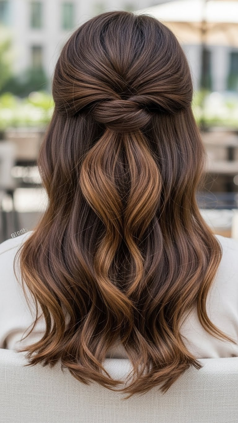 Chic textured half-updo on medium length Arab hair with soft waves flowing freely in outdoor setting