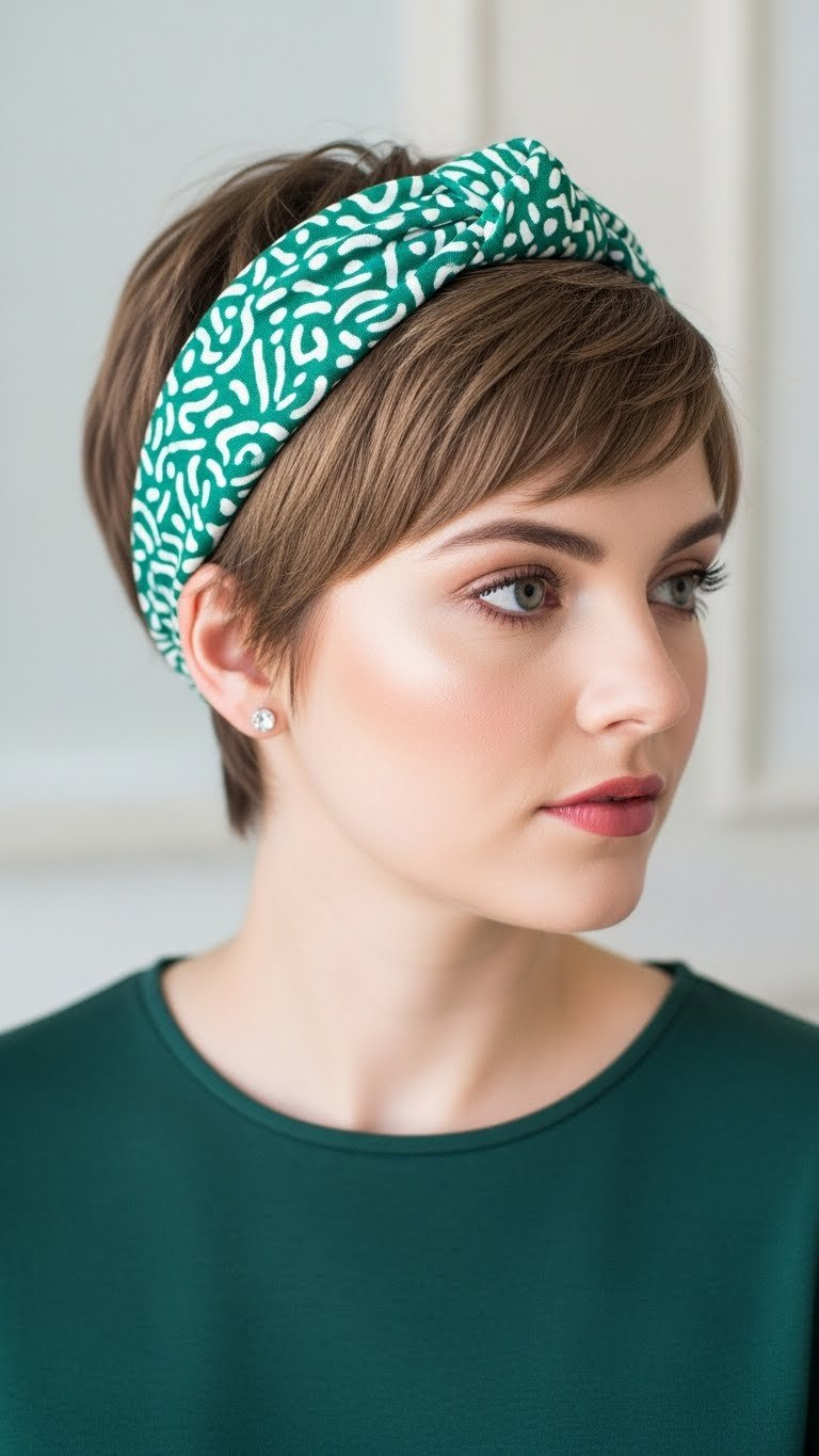 Chic texturized pixie cut with bold wide fabric headband in clean minimalist studio setting.