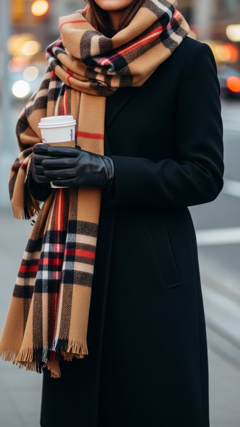 Chic urban layered look with oversized plaid scarf draped over black wool coat on city street