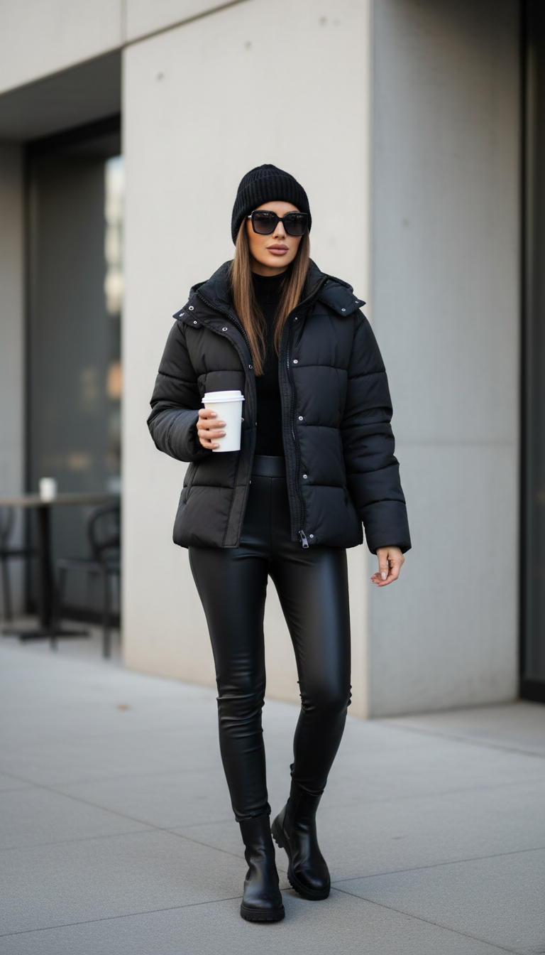 Chic woman in black puffer jacket with faux-leather leggings standing outside minimalist cafe with daylight
