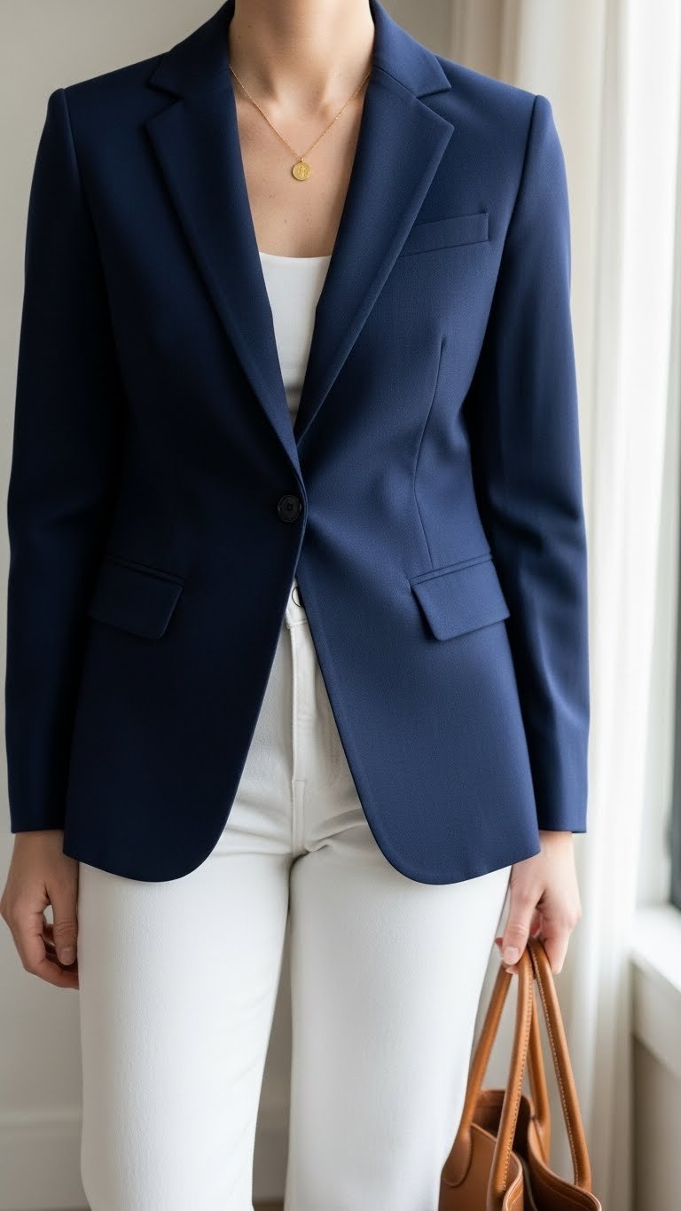 Chic woman wearing a navy blue blazer, white jeans, gold necklace, and brown leather tote in a bright room.