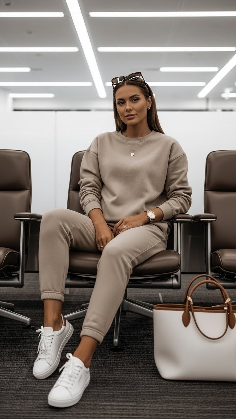 Chic woman wearing sand-colored matching sweatsuit sitting elegantly in modern airport lounge setting