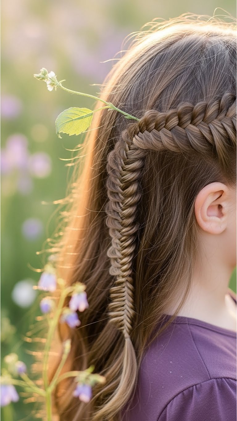 Child's delicate fishtail braid accent hairstyle in whimsical outdoor garden setting with warm golden hour light.