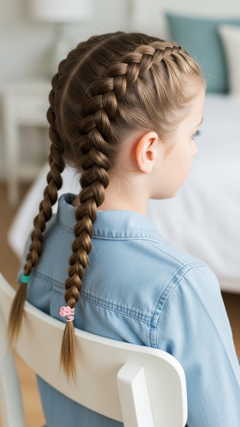 Child's easy Dutch braids hairstyle with neat part in simple indoor setting with soft neutral background.