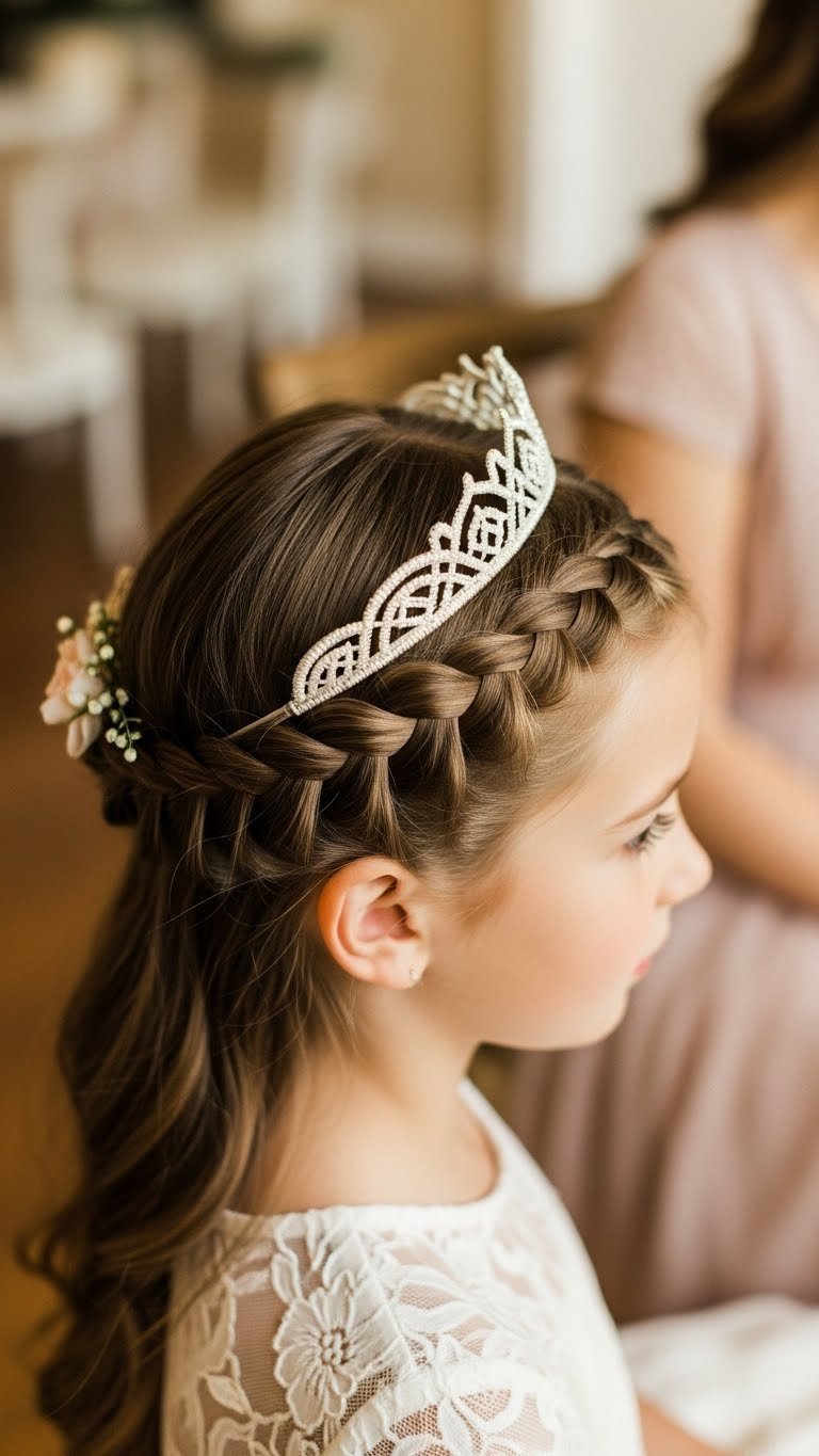 Child's elegant crown braid hairstyle in formal event setting with warm golden hour lighting and soft decor.