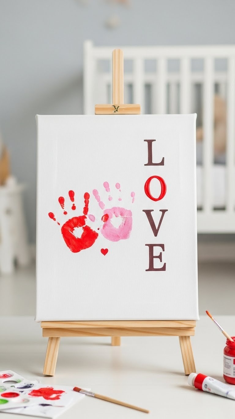 Child's handprint LOVE canvas with colorful paint forming heart shape on stretched artwork