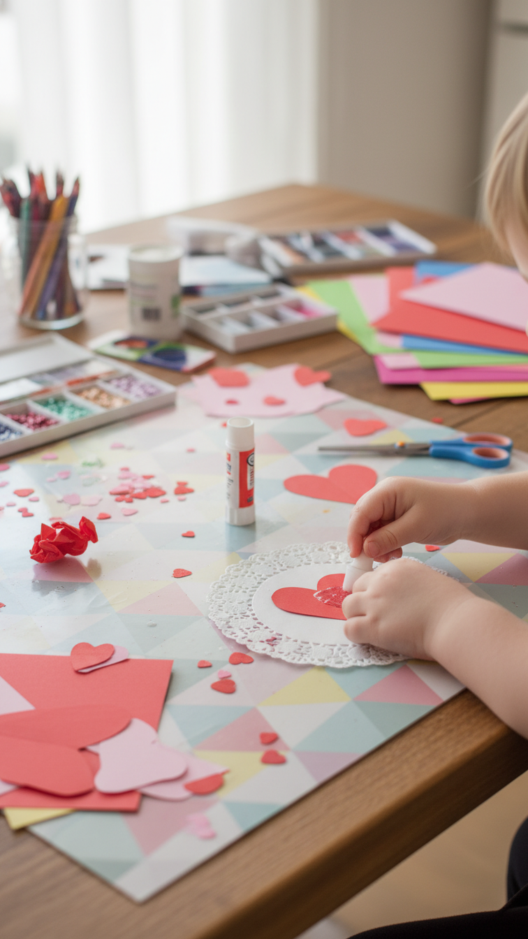 Child's hands gluing red paper heart onto white doily for Valentine's card DIY craft project