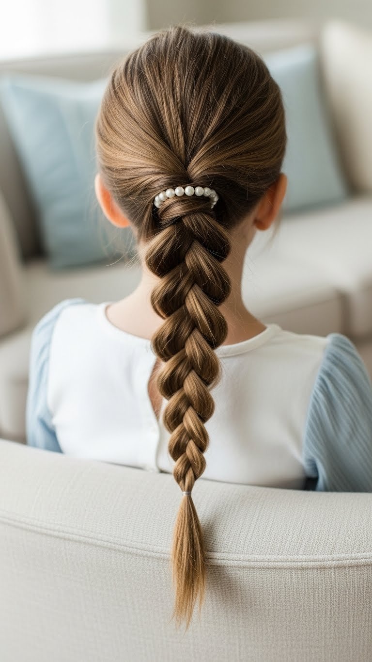 Child's intricate pull-through braid hairstyle in elegant indoor setting with soft natural window lighting.