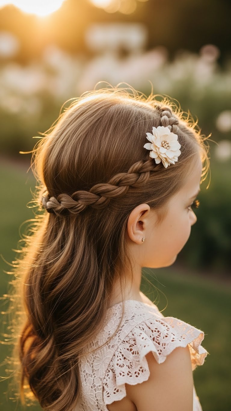 Child's twisted headband hairstyle with delicate flower clip in garden setting during golden hour with soft bokeh.