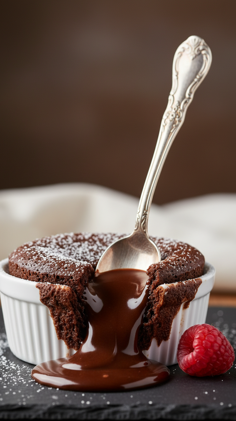 Chocolate lava cake with molten center flowing from a broken ramekin, dusted with powdered sugar