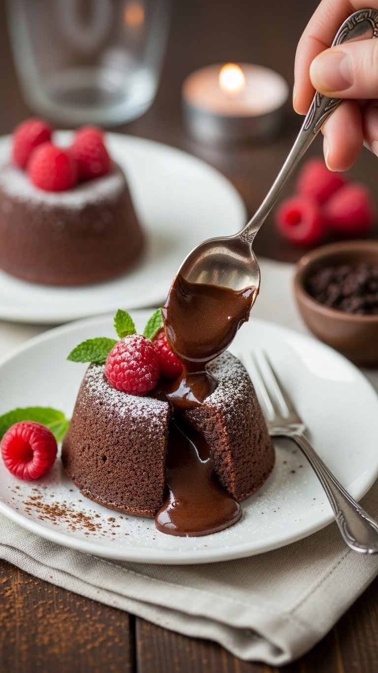 Chocolate lava cakes with molten center flowing out, dusted with powdered sugar and fresh raspberries