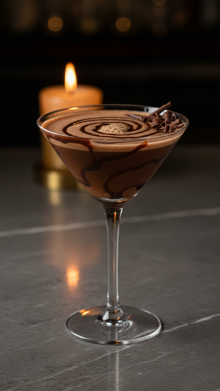 Chocolate martini in a classic glass with creamy cocktail and chocolate syrup swirl