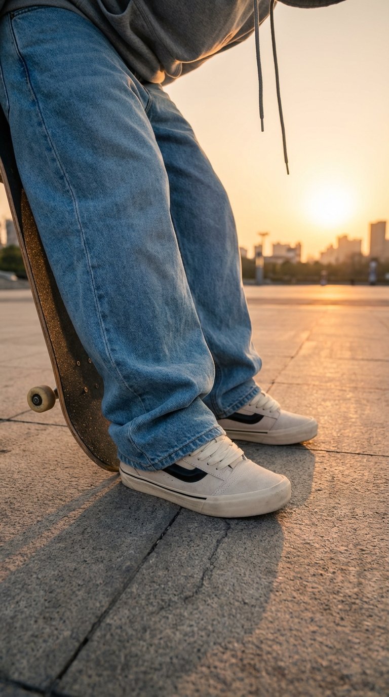Chunky Knu Skool Vans with baggy light-wash jeans on basketball court during golden hour sunset