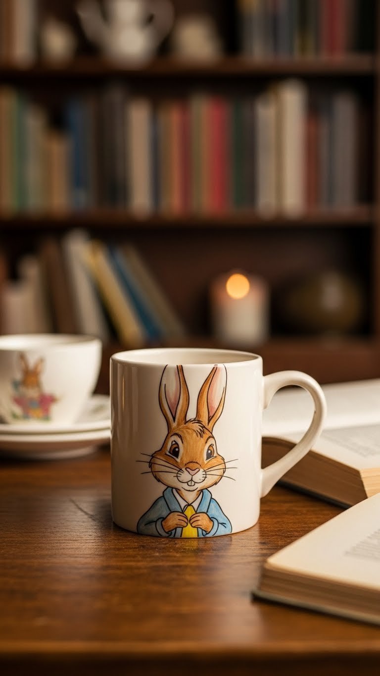 Classic Brer Rabbit storybook character painted ceramic mug on rustic table with antique bookshelf background