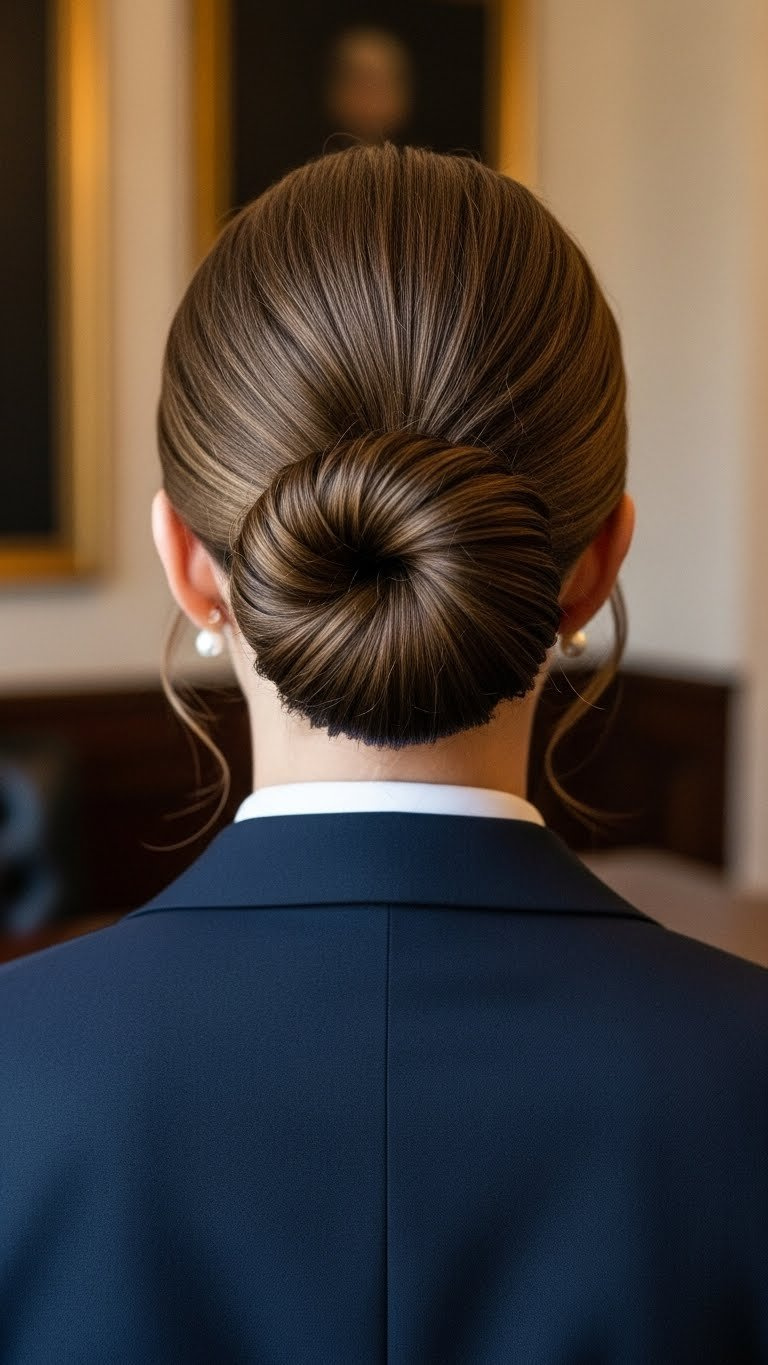 Classic French twist hairstyle elegantly rolled and secured vertically at back of head in formal executive office setting.
