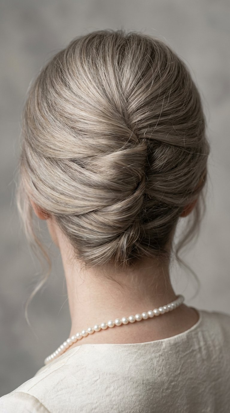 Classic French twist hairstyle with elegantly rolled and pinned vertical twist showcasing sophisticated silhouette