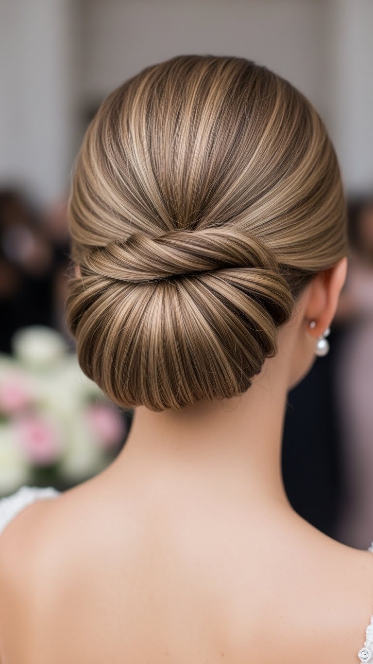 Classic French twist updo hairstyle with sleek polished lines against elegant blurred ballroom backdrop.