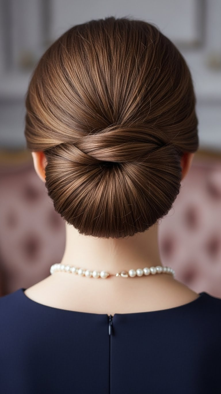 Classic French twist updo with perfectly sculpted vertical roll in luxurious interior