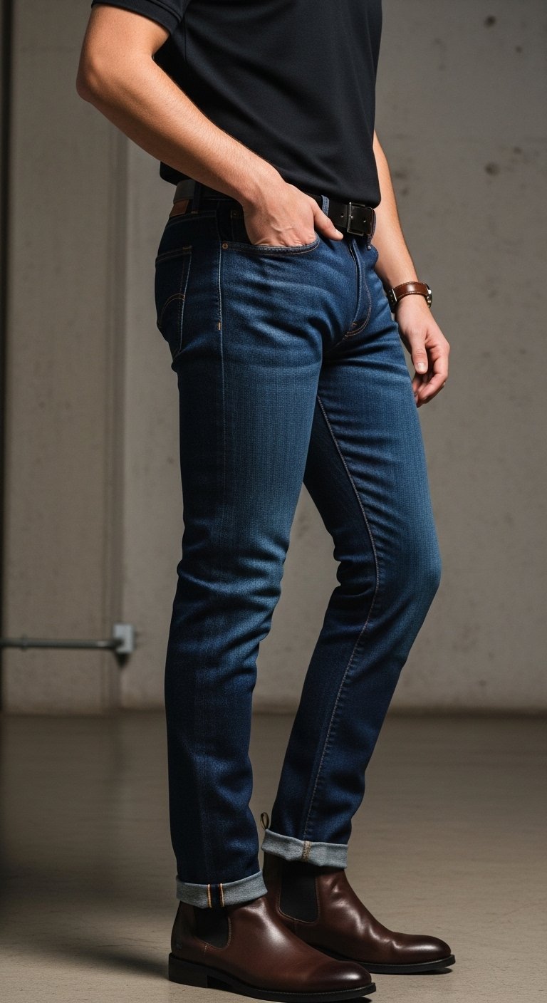 Classic black polo shirt paired with dark indigo raw denim jeans and Chelsea boots in minimalist urban loft environment